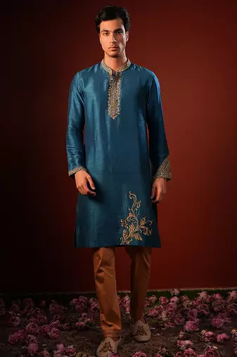 Blue embroidered raw silk kurta