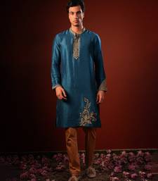 Blue embroidered raw silk kurta