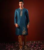 Blue embroidered raw silk kurta