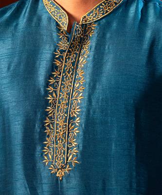 Blue embroidered raw silk kurta 2