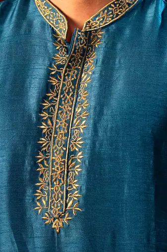 Blue embroidered raw silk kurta