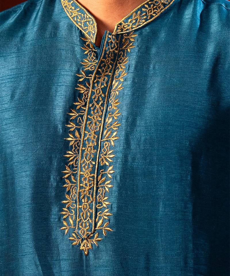 Blue embroidered raw silk kurta