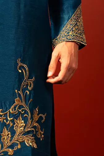 Blue embroidered raw silk kurta
