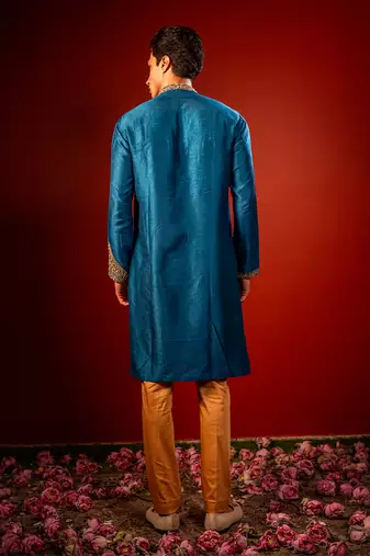 Blue embroidered raw silk kurta
