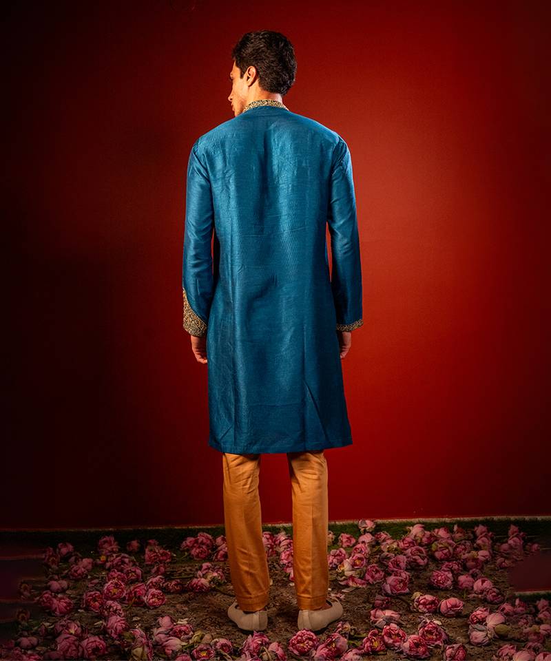 Blue embroidered raw silk kurta