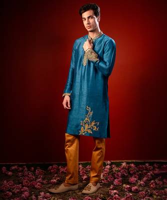 Blue embroidered raw silk kurta 5