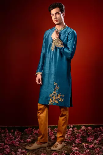 Blue embroidered raw silk kurta