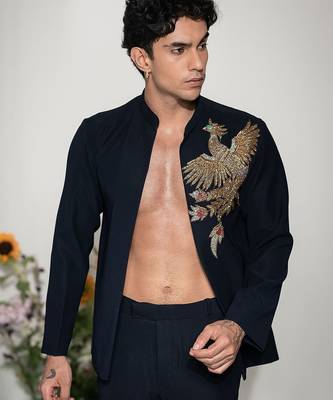 Navy blue embroidered armani shacket 1