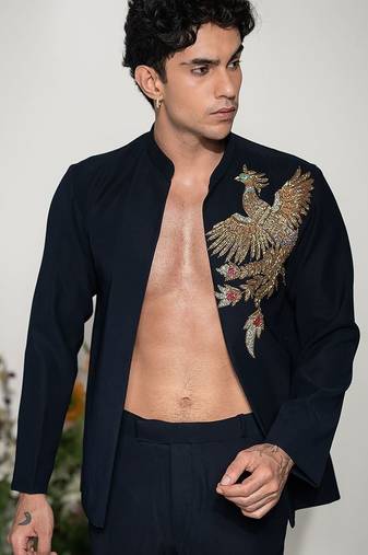 Navy blue embroidered armani shacket