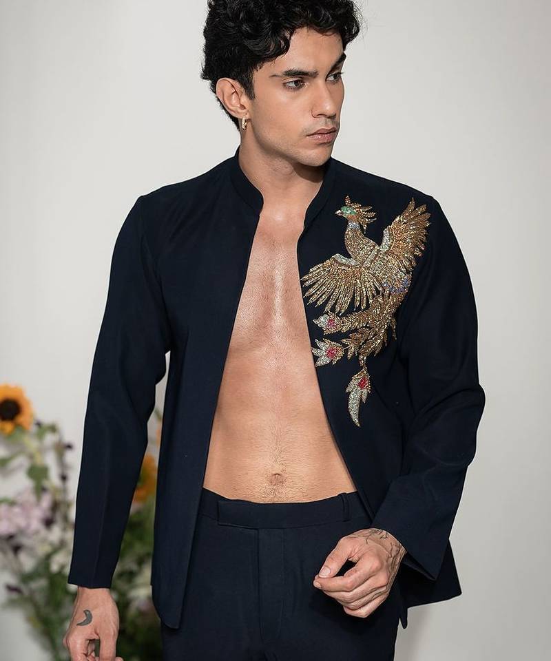 Navy blue embroidered armani shacket