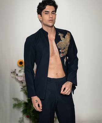 Navy blue embroidered armani shacket 2