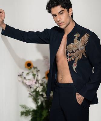 Navy blue embroidered armani shacket 3