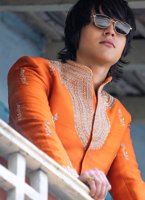 Saffron orange embroidered raw silk sherwani set 3