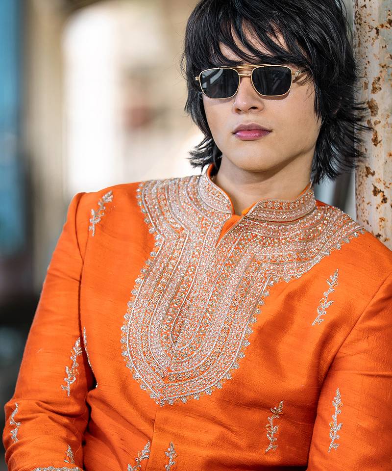 Saffron orange embroidered raw silk sherwani set