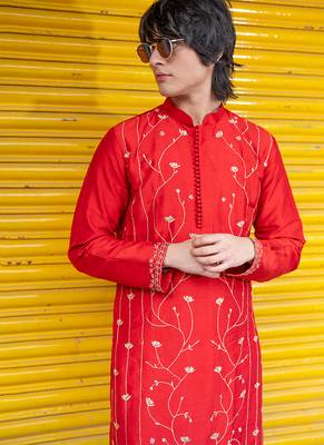 Red embroidered raw silk kurta 1