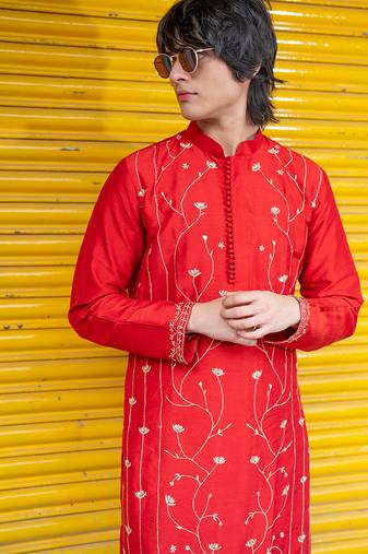 Red embroidered raw silk kurta