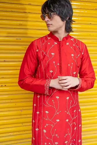Red embroidered raw silk kurta