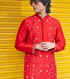 Red embroidered raw silk kurta