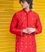 Red embroidered raw silk kurta