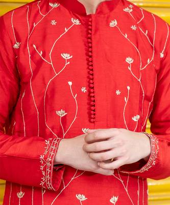 Red embroidered raw silk kurta 2