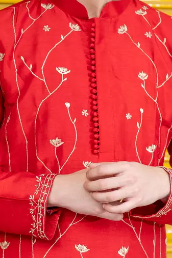Red embroidered raw silk kurta