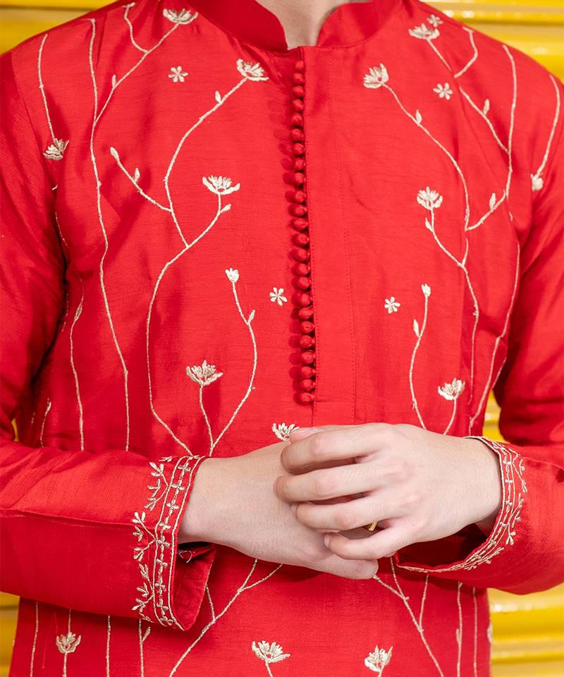 Red embroidered raw silk kurta