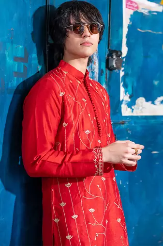 Red embroidered raw silk kurta