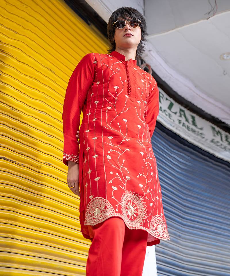 Red embroidered raw silk kurta