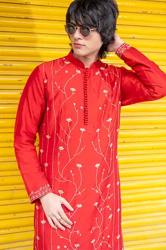 Red embroidered raw silk kurta