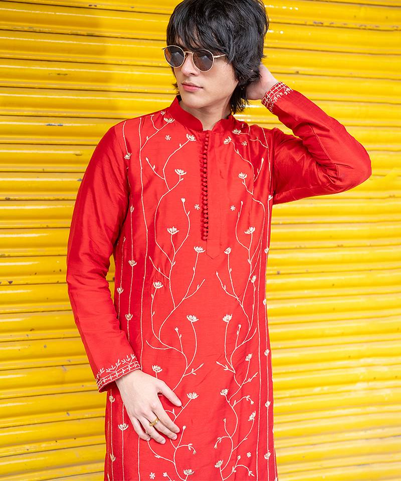 Red embroidered raw silk kurta