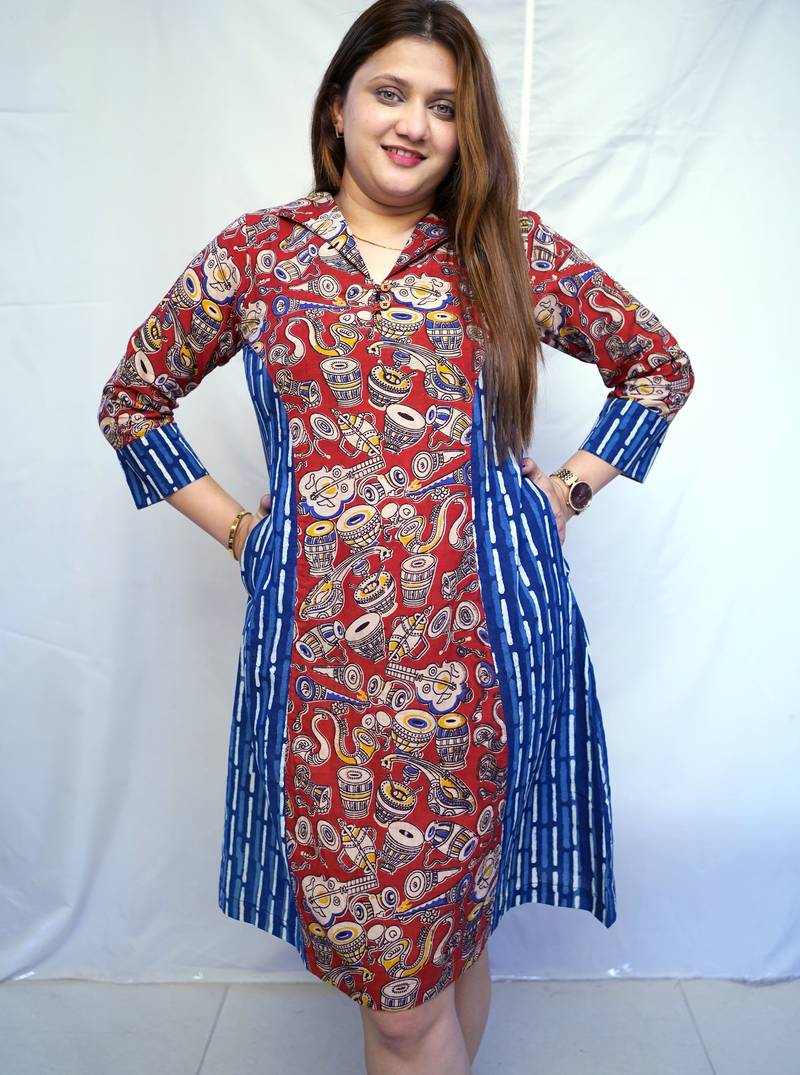 Red Kalamkari Handblock  Printed Cotton Knee-Length kurti