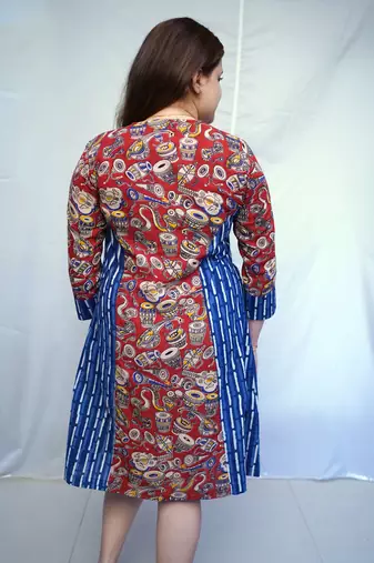 Red Kalamkari Handblock  Printed Cotton Knee-Length kurti