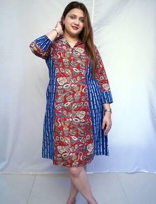 Red Kalamkari Handblock  Printed Cotton Knee-Length kurti 3