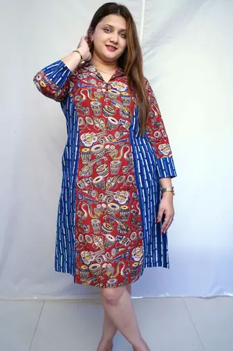 Red Kalamkari Handblock  Printed Cotton Knee-Length kurti