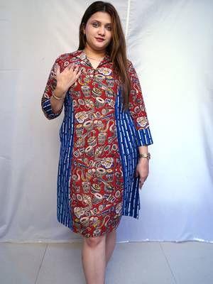 Red Kalamkari Handblock  Printed Cotton Knee-Length kurti 4