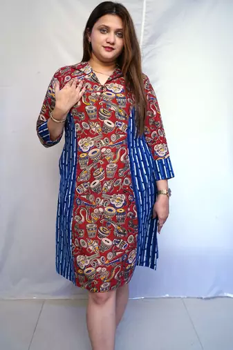 Red Kalamkari Handblock  Printed Cotton Knee-Length kurti