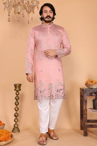 Peach linen cotton embroidery party wear kurta and payjama