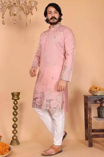 Peach linen cotton embroidery party wear kurta and payjama