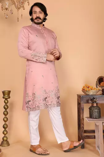 Peach linen cotton embroidery party wear kurta and payjama