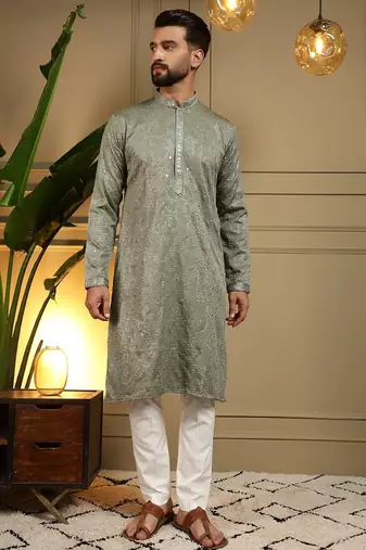 Mehendi kahdi cotton embroidery print party wear kurta and payjama