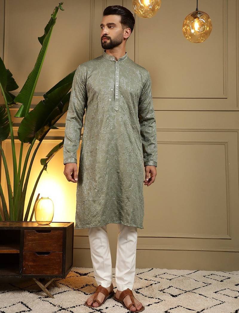 Mehendi kahdi cotton embroidery print party wear kurta and payjama