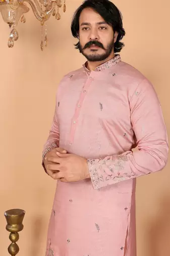 Peach linen cotton embroidery party wear kurta and payjama