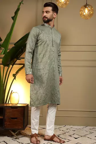 Mehendi kahdi cotton embroidery print party wear kurta and payjama
