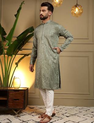 Mehendi kahdi cotton embroidery print party wear kurta and payjama 3