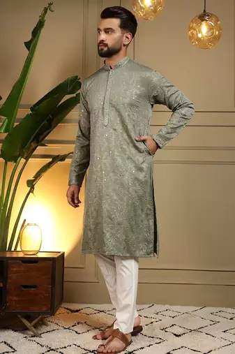 Mehendi kahdi cotton embroidery print party wear kurta and payjama