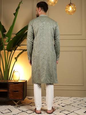Mehendi kahdi cotton embroidery print party wear kurta and payjama 4