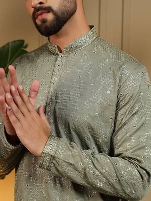 Mehendi kahdi cotton embroidery print party wear kurta and payjama 5
