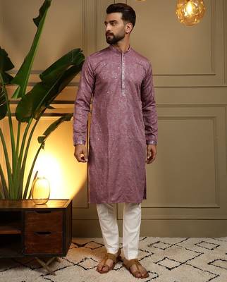 Peach kahdi cotton embroidery print party wear kurta and payjama 1
