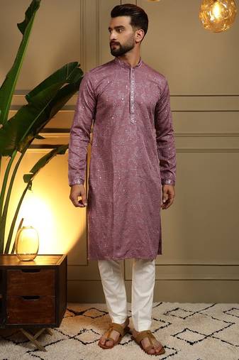 Peach kahdi cotton embroidery print party wear kurta and payjama