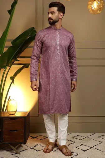 Peach kahdi cotton embroidery print party wear kurta and payjama